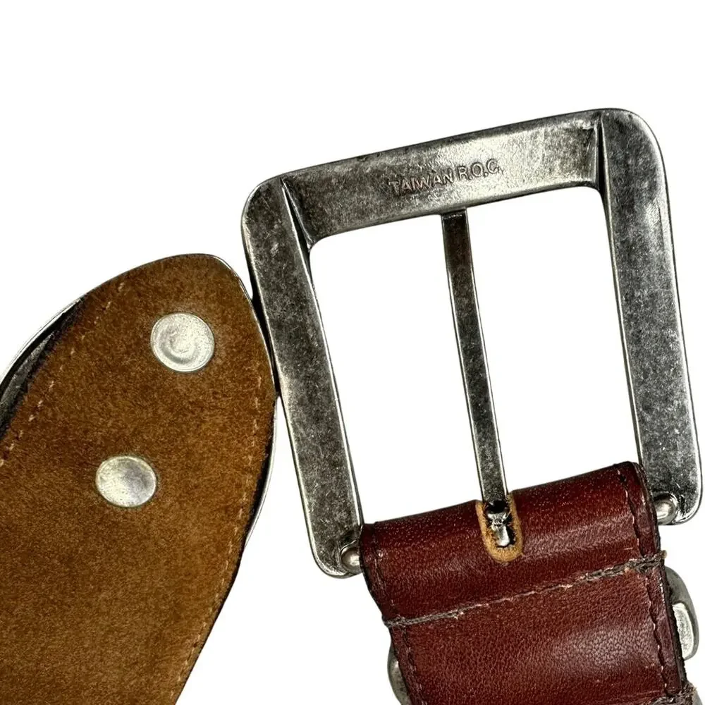 Leather Belt Silver Buckle Western Strap Brown Vintage
